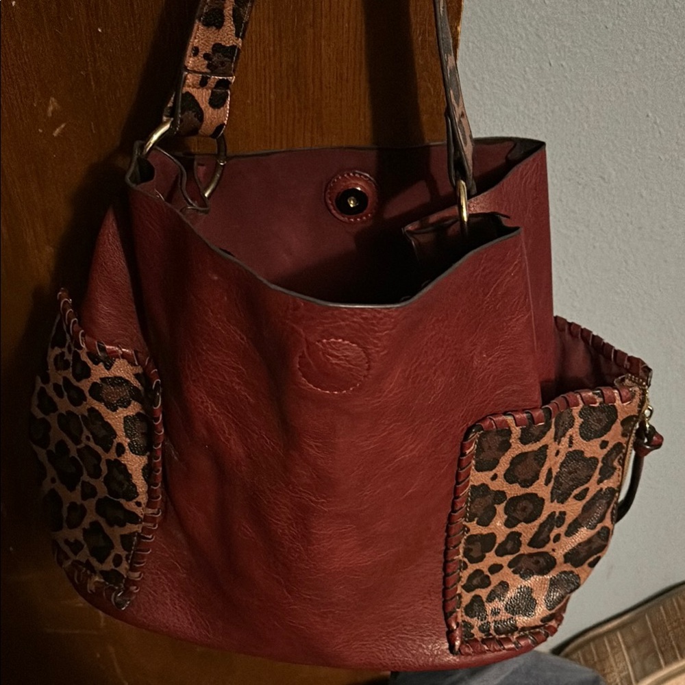 Leopard Accent Red Leather Tote